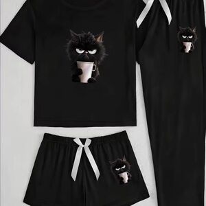 SHEIN Black Pajama Set with Cat Design